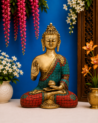 Brassaura® Buddha Seated Blessing Idol with Golden And Multicolor Finish | Pure Superfine Brass Handcrafted Murti | Brass Statue for Home Temple, Pooja Room | Height 10 Inches | Weight 2.7 Kgs