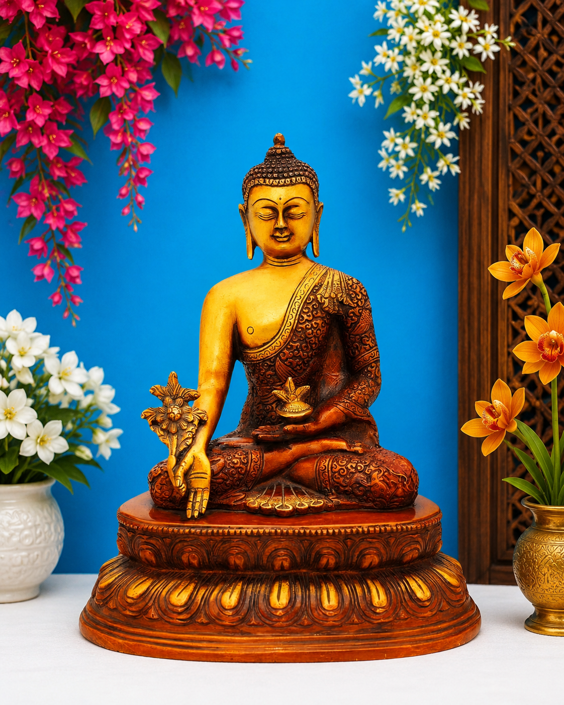Brassaura® Buddha Seated Meditation Idol with Golden And Dark Brown Finish | Pure Superfine Brass Handcrafted Murti | Brass Statue for Home Temple, Pooja Room | Height 11 Inches | Weight 4.6 Kgs