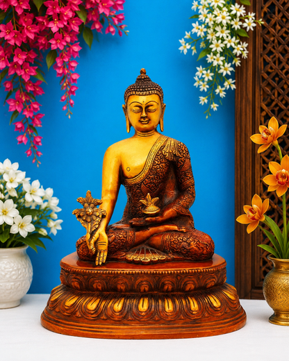 Brassaura® Buddha Seated Meditation Idol with Golden And Dark Brown Finish | Pure Superfine Brass Handcrafted Murti | Brass Statue for Home Temple, Pooja Room | Height 11 Inches | Weight 4.6 Kgs
