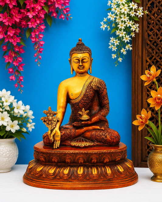 Brassaura® Buddha Seated Meditation Idol with Golden And Dark Brown Finish | Pure Superfine Brass Handcrafted Murti | Brass Statue for Home Temple, Pooja Room | Height 11 Inches | Weight 4.6 Kgs