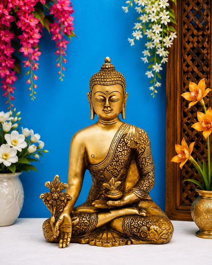 Brassaura® Buddha Seated Bhumisparsha Mudra Idol with Golden Brass Finish | Pure Superfine Brass Handcrafted Murti | Brass Statue for Home Temple, Pooja Room | Height 8 Inches | Weight 2.5 Kgs