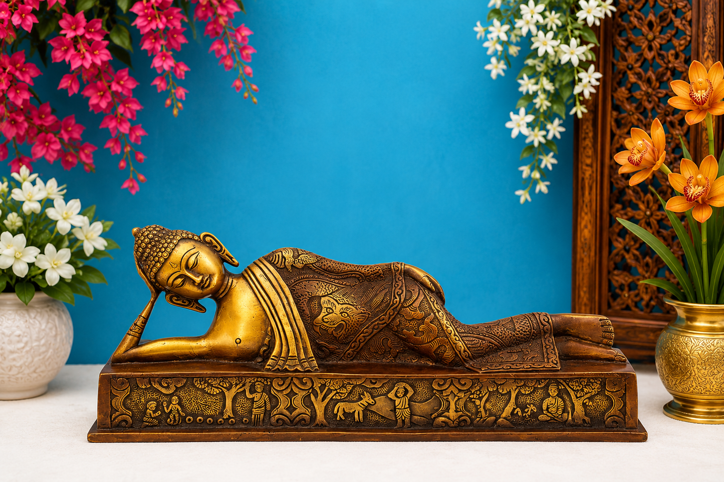 Brassaura® Buddha Reclining Idol with Gold And Copper Finish | Pure Superfine Brass Handcrafted Murti | Brass Statue for Home Temple, Pooja Room | Height 3 Inches | Weight 1 Kgs
