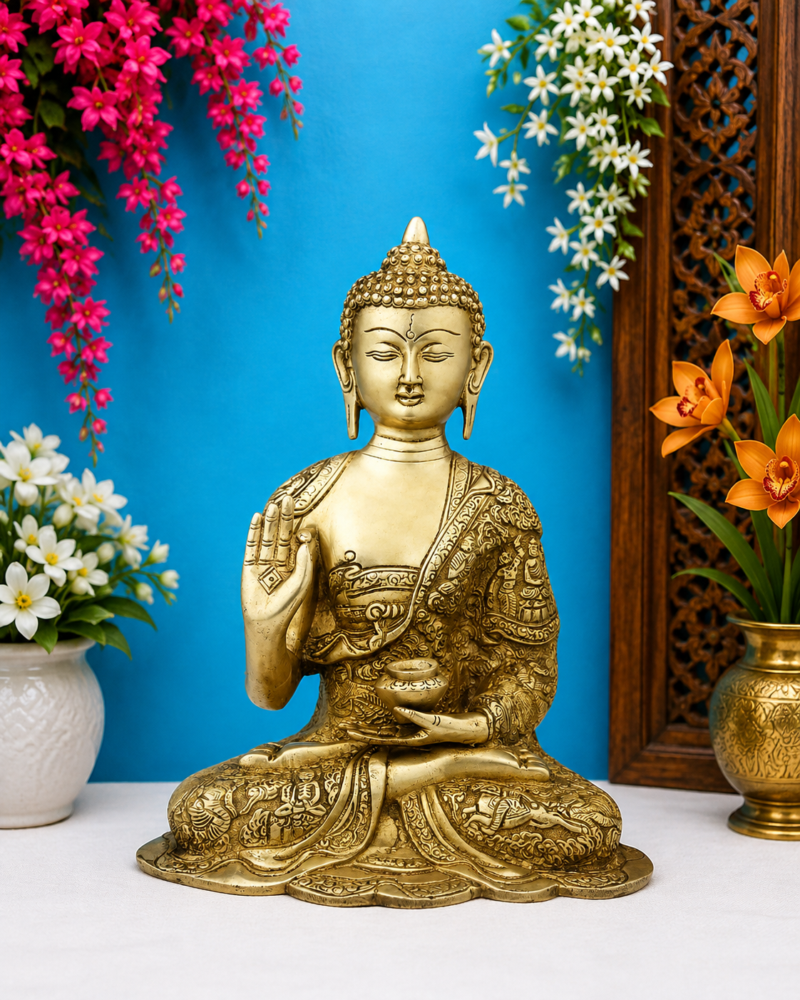 Brassaura® Buddha Seated Blessing Idol with Golden Brass Finish | Pure Superfine Brass Handcrafted Murti | Brass Statue for Home Temple, Pooja Room | Height 13 Inches | Weight 4.9 Kgs
