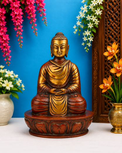 Brassaura® Buddha Seated Meditation Idol with Golden And Brown Finish | Pure Superfine Brass Handcrafted Murti | Brass Statue for Home Temple, Pooja Room | Height 8 Inches | Weight 2 Kgs