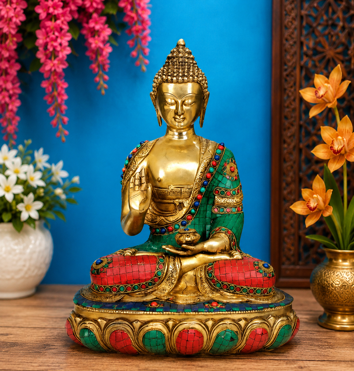 Brassaura® Buddha Seated Blessing Idol with Golden Brass And Multicolor Finish | Pure Superfine Brass Handcrafted Murti | Brass Statue for Home Temple, Pooja Room | Height 17.5 Inches | Weight 11 Kgs