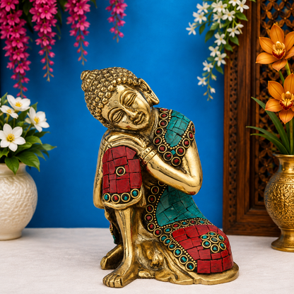Brassaura® Buddha Kneeling Prayer Pose Idol with Golden And Multicolor Finish | Pure Superfine Brass Handcrafted Murti | Brass Statue for Home Temple, Pooja Room | Height 6 Inches | Weight 1.5 Kgs