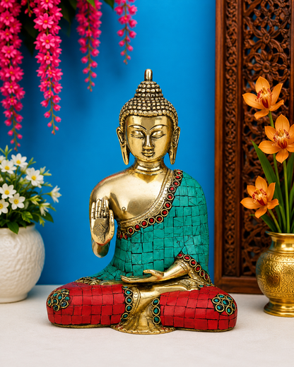 Brassaura® Buddha Seated Blessing Idol with Golden Brass And Multicolor Finish | Pure Superfine Brass Handcrafted Murti | Brass Statue for Home Temple, Pooja Room | Height 8 Inches | Weight 2 Kgs