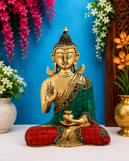 Brassaura® Buddha Seated Meditation Idol with Golden Brass And Multicolor Finish | Pure Superfine Brass Handcrafted Murti | Brass Statue for Home Temple, Pooja Room | Height 6 Inches | Weight 1.3 Kgs