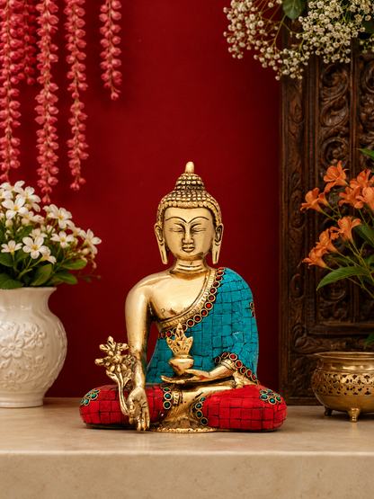 Brassaura® Buddha Seated Bhumisparsha Mudra Idol with Golden Brass And Multicolor Finish | Pure Superfine Brass Handcrafted Murti | Brass Statue for Home Temple, Pooja Room | Height 7.5 Inches | Weight 1.9 Kgs