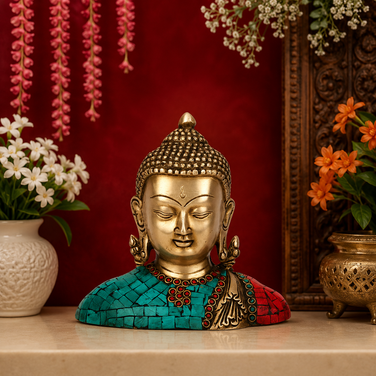 Brassaura® Buddha Bust Idol with Golden Brass And Multicolor Finish | Pure Superfine Brass Handcrafted Murti | Brass Statue for Home Temple, Pooja Room | Height 7 Inches | Weight 1.6 Kgs