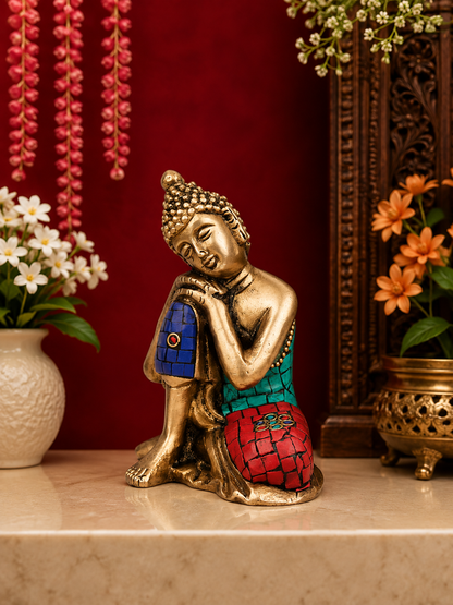 Brassaura® Buddha Kneeling Prayer Pose Idol with Golden Brass And Multicolor Finish | Pure Superfine Brass Handcrafted Murti | Brass Statue for Home Temple, Pooja Room | Height 4 Inches | Weight 0.5 Kgs