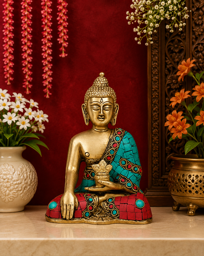 Brassaura® Buddha Seated Blessing Idol with Golden Brass And Multicolor Finish | Pure Superfine Brass Handcrafted Murti | Brass Statue for Home Temple, Pooja Room | Height 6.5 Inches | Weight 1.5 Kgs
