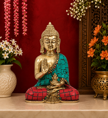 Brassaura® Buddha Seated Blessing Idol with Golden Brass And Multicolor Finish | Pure Superfine Brass Handcrafted Murti | Brass Statue for Home Temple, Pooja Room | Height 5 Inches | Weight 0.7 Kgs