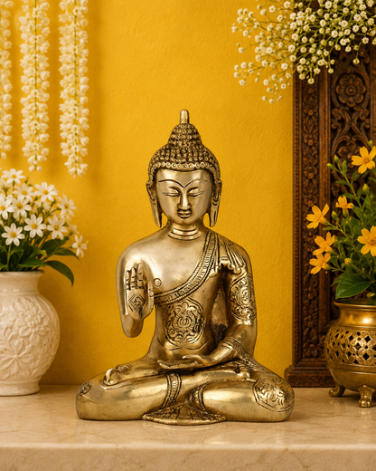 Brassaura® Buddha Seated Blessing Idol with Golden Brass Finish | Pure Superfine Brass Handcrafted Murti | Brass Statue for Home Temple, Pooja Room | Height 8 Inches | Weight 1.9 Kgs