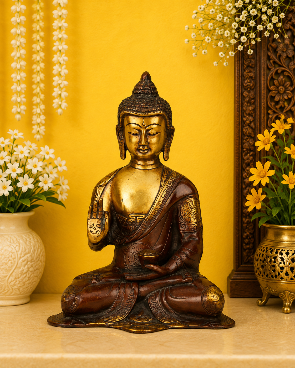 Brassaura® Buddha Seated Blessing Idol with Golden And Brown Finish | Pure Superfine Brass Handcrafted Murti | Brass Statue for Home Temple, Pooja Room | Height 8 Inches | Weight 2.1 Kgs
