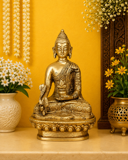 Brassaura® Buddha Seated Bhumisparsha Mudra Idol with Golden Brass Finish | Pure Superfine Brass Handcrafted Murti | Brass Statue for Home Temple, Pooja Room | Height 5.5 Inches | Weight 0.7 Kgs