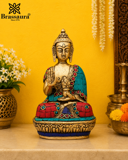 Brassaura® Buddha Seated Blessing Idol with Golden Brass And Multicolor Finish | Pure Superfine Brass Handcrafted Murti | Brass Statue for Home Temple, Pooja Room | Height 5 Inches | Weight 0.9 Kgs