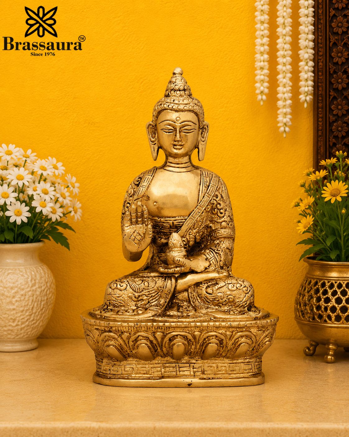 Brassaura® Buddha Seated Blessing Idol with Golden Brass Finish | Pure Superfine Brass Handcrafted Murti | Brass Statue for Home Temple, Pooja Room | Height 5.5 Inches | Weight 0.7 Kgs