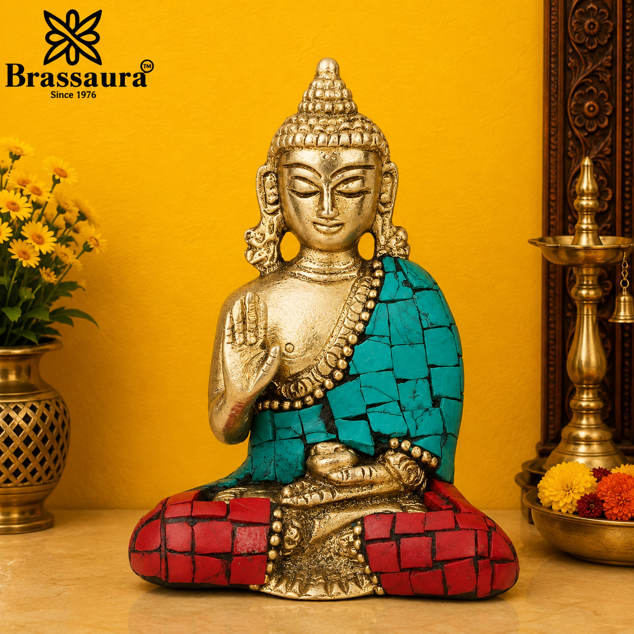 Brassaura® Buddha Seated Blessing Idol with Golden Brass And Multicolor Finish | Pure Superfine Brass Handcrafted Murti | Brass Statue for Home Temple, Pooja Room | Height 3 Inches | Weight 0.3 Kgs