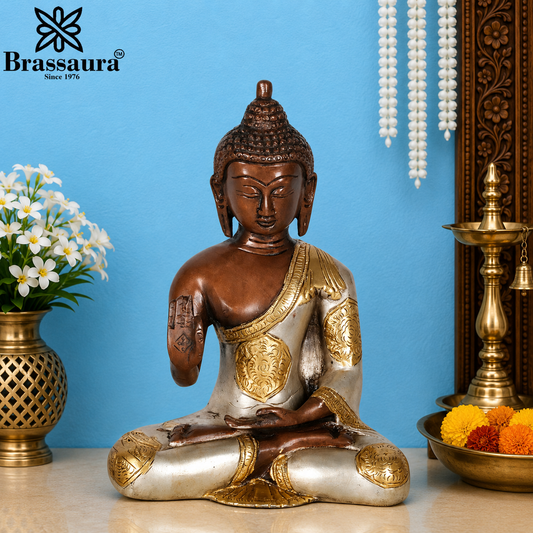 Brassaura® Buddha Seated Blessing Idol with Charcoal Black And Golden Finish | Pure Superfine Brass Handcrafted Murti | Brass Statue for Home Temple, Pooja Room | Height 7 Inches | Weight 1.8 Kgs