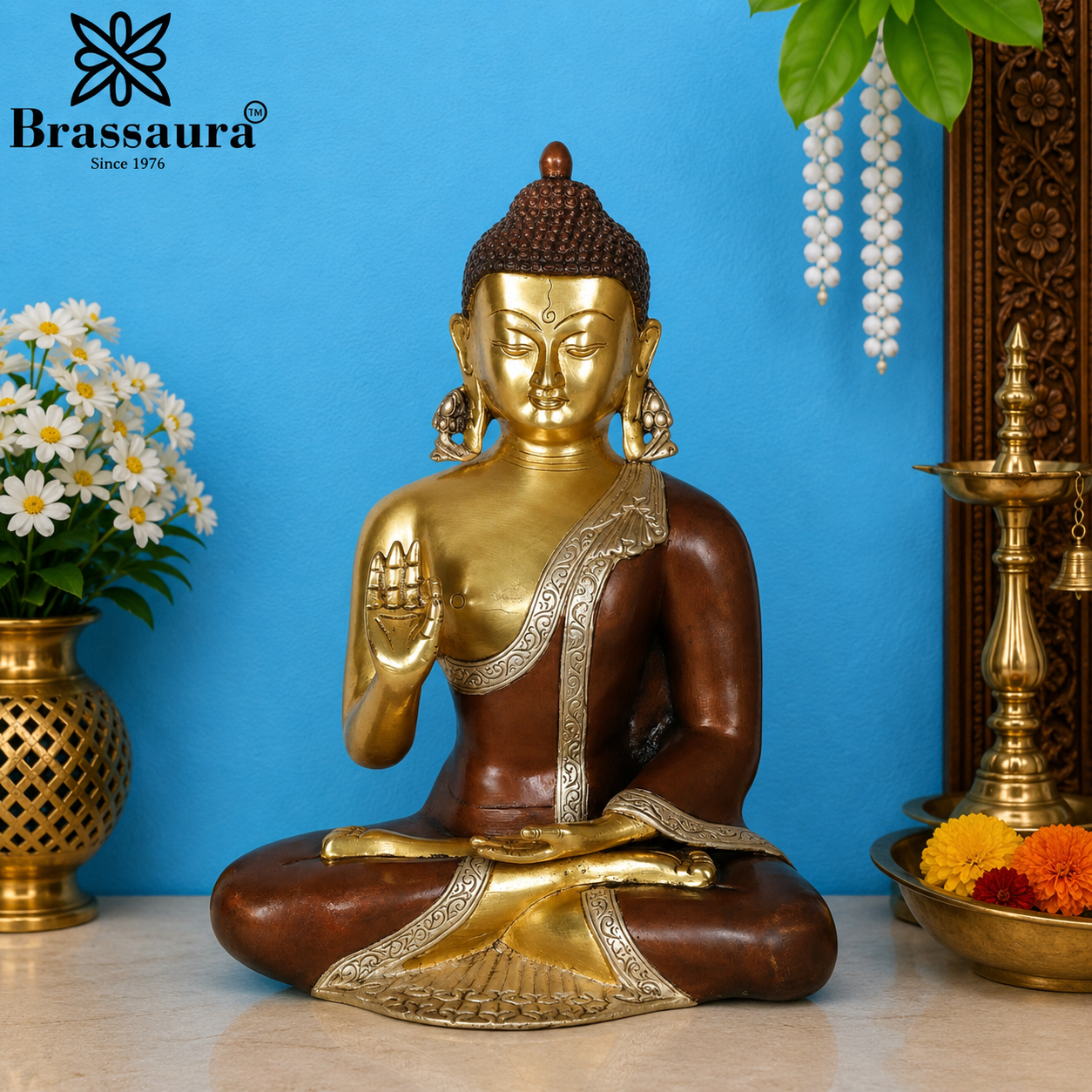 Brassaura® Buddha Seated Blessing Idol with Golden, Silver And Dark Brown Finish | Pure Superfine Brass Handcrafted Murti | Brass Statue for Home Temple, Pooja Room | Height 13 Inches | Weight 6 Kgs