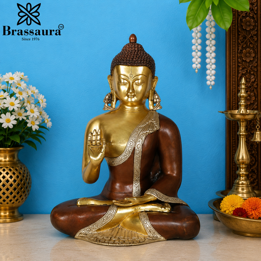 Brassaura® Buddha Seated Blessing Idol with Golden, Silver And Dark Brown Finish | Pure Superfine Brass Handcrafted Murti | Brass Statue for Home Temple, Pooja Room | Height 13 Inches | Weight 6 Kgs