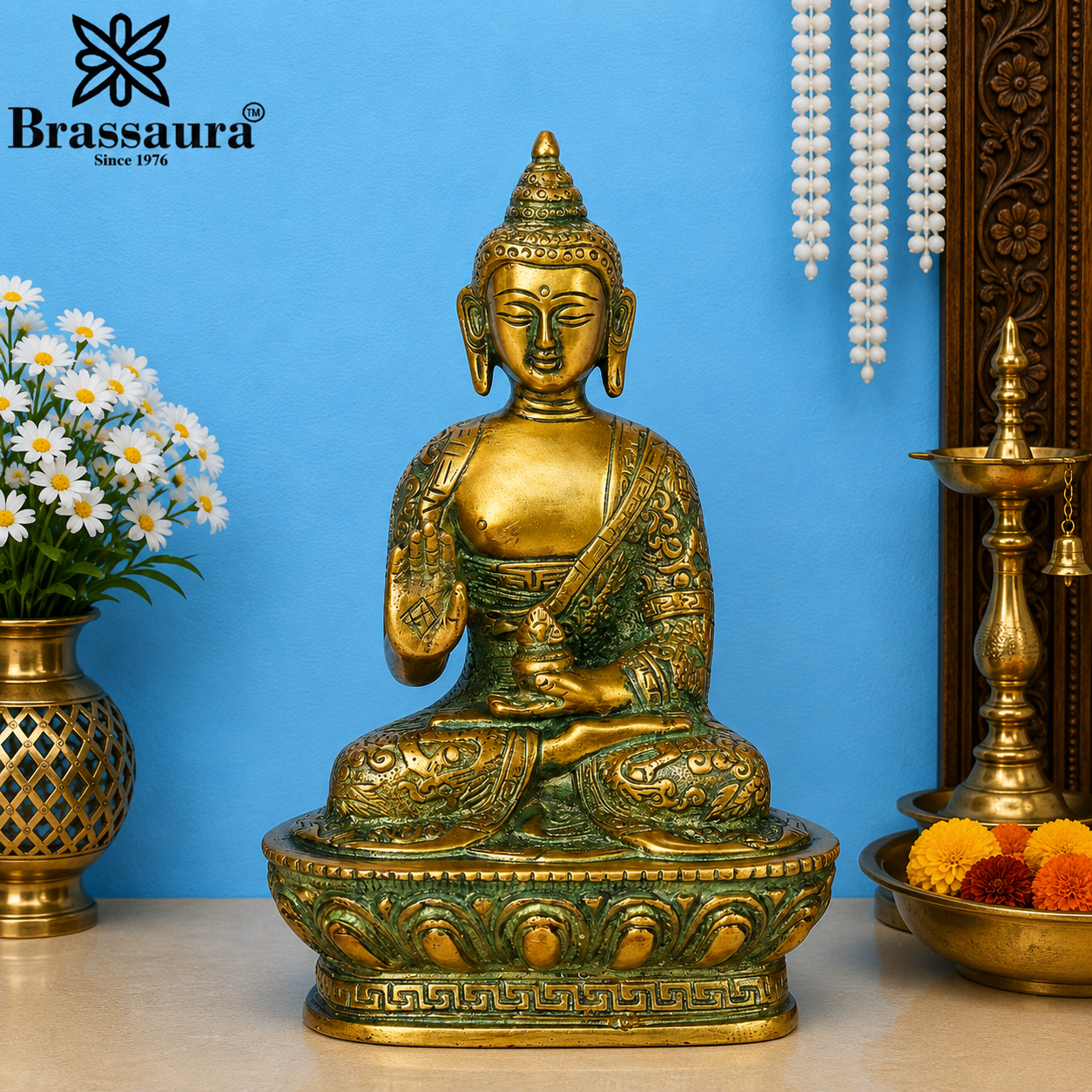 Brassaura® Buddha Seated Blessing Idol with Golden And Green Finish | Pure Superfine Brass Handcrafted Murti | Brass Statue for Home Temple, Pooja Room | Height 7 Inches | Weight 1 Kgs