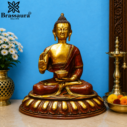 Brassaura® Buddha Seated Blessing Idol with Golden And Brown Finish | Pure Superfine Brass Handcrafted Murti | Brass Statue for Home Temple, Pooja Room | Height 35 Inches | Weight 55 Kgs