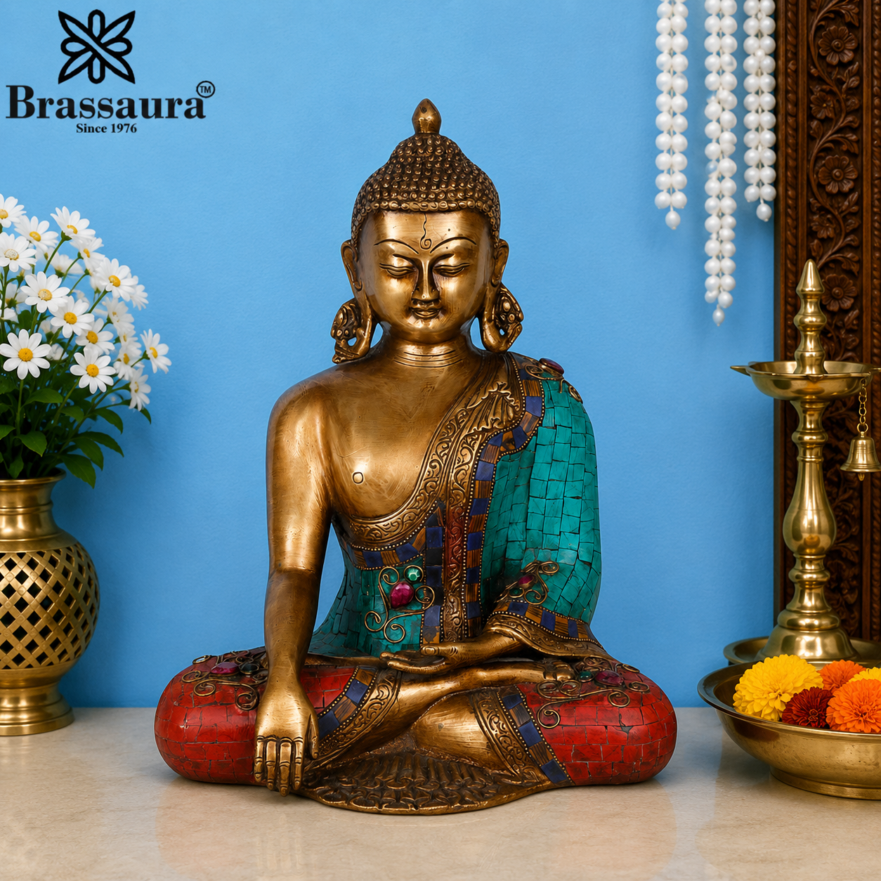 Brassaura® Buddha Seated Bhumisparsha Mudra Idol with Golden And Multicolor Finish | Pure Superfine Brass Handcrafted Murti | Brass Statue for Home Temple, Pooja Room | Height 12 Inches | Weight 6.5 Kgs