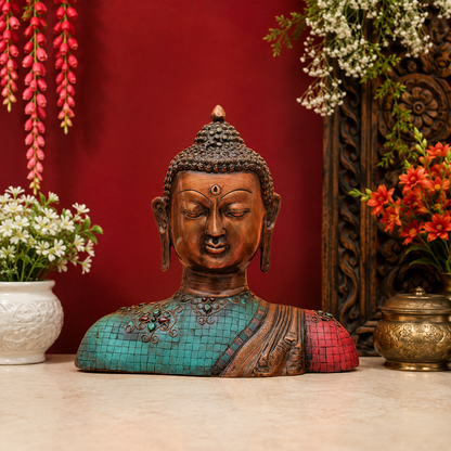 Brassaura® Buddha Bust Idol with Golden Green And Red Multicolor Finish | Pure Superfine Brass Handcrafted Murti | Brass Statue for Home Temple, Pooja Room | Height 14 Inches | Weight 10.5 Kgs