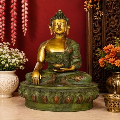 Brassaura® Buddha Seated Bhumisparsha Mudra Idol with Golden And Green Finish | Pure Superfine Brass Handcrafted Murti | Brass Statue for Home Temple, Pooja Room | Height 33 Inches | Weight 43 Kgs