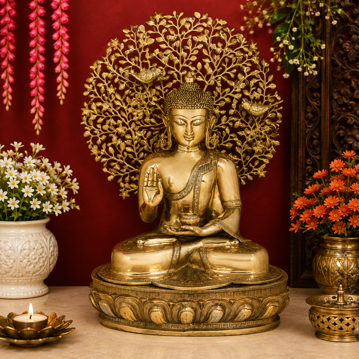 Brassaura® Buddha Seated Blessing Idol with Golden Brass Finish | Pure Superfine Brass Handcrafted Murti | Brass Statue for Home Temple, Pooja Room | Height 28 Inches | Weight 28 Kgs