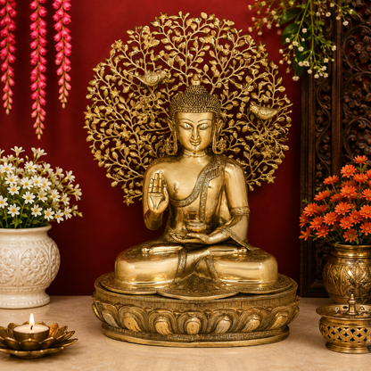 Brassaura® Buddha Seated Blessing Idol with Golden Brass Finish | Pure Superfine Brass Handcrafted Murti | Brass Statue for Home Temple, Pooja Room | Height 28 Inches | Weight 28 Kgs