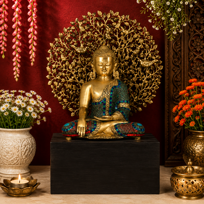 Brassaura® Buddha Seated Bhumisparsha Mudra Idol with Golden And Multicolor Finish | Pure Superfine Brass Handcrafted Murti | Brass Statue for Home Temple, Pooja Room | Height 34 Inches | Weight 30 Kgs