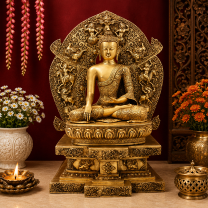 Brassaura® Buddha Seated Bhumisparsha Mudra Idol with Golden Brass Finish | Pure Superfine Brass Handcrafted Murti | Brass Statue for Home Temple, Pooja Room | Height 34 Inches | Weight 70 Kgs