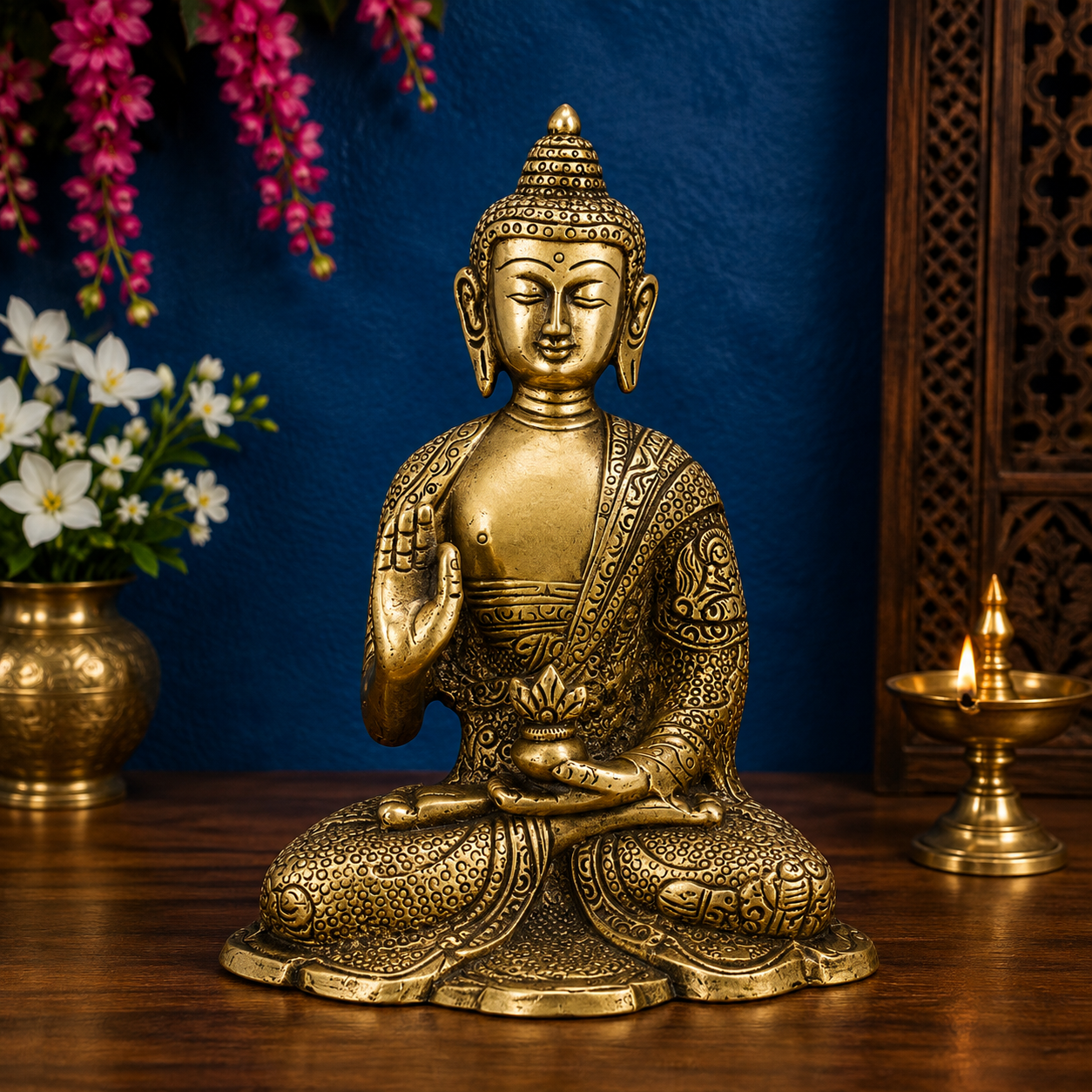 Brassaura® Buddha Sitting in Blessing Mudra Idol with Antique Silver Finish | Pure Superfine Brass Handcrafted Murti | Brass Statue for Home Temple, Pooja Room | Height 5.5 Inches | Weight 1.1 Kgs