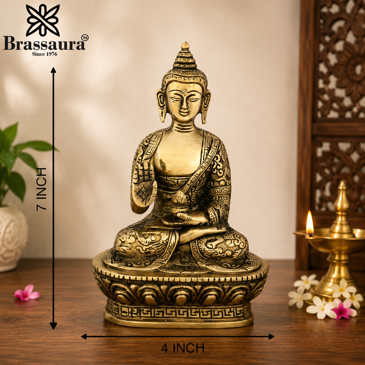 Brassaura® Buddha Seated Meditation Idol with Golden Brass Finish | Pure Superfine Brass Handcrafted Murti | Brass Statue for Home Temple, Pooja Room | Height 7 Inches | Weight 1 Kgs