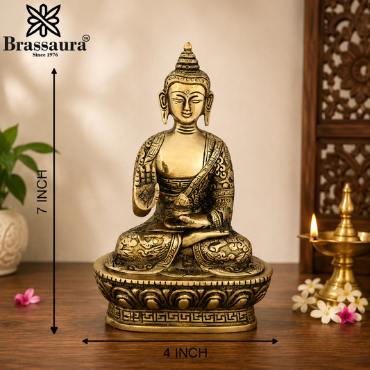 Brassaura® Buddha Seated Meditation Idol with Golden Brass Finish | Pure Superfine Brass Handcrafted Murti | Brass Statue for Home Temple, Pooja Room | Height 7 Inches | Weight 1 Kgs