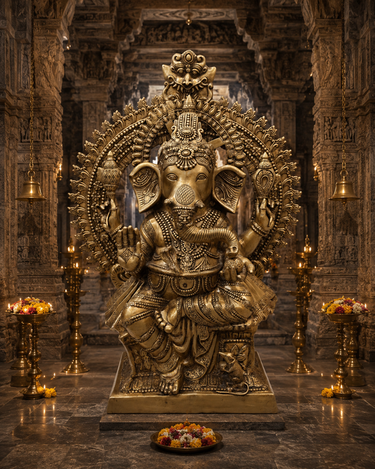Brassaura® Brass Lord Ganesha Idol | Handcrafted Ganpati Murti for Home Temple, Living Room & Spiritual Décor | 50 Inches | 130 Kg
