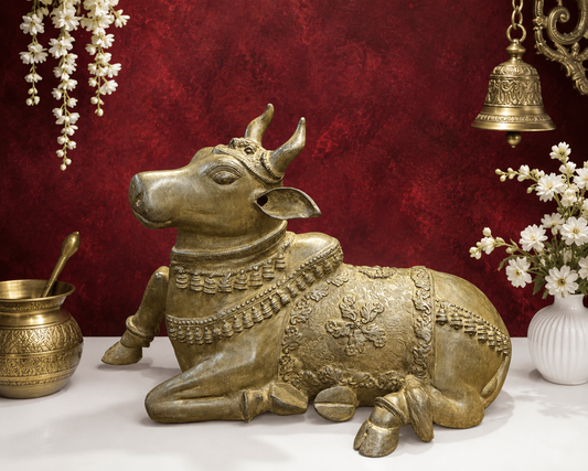Brassaura® Brass Nandi Bull Idol | Sacred Nandi Statue for Shiva Temple & Home Décor | Handcrafted Solid Brass | Height 20 Inches | 29 Kg