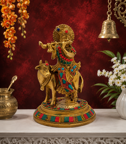 Brassaura® Lord Krishna Playing Flute Idol with Multi-Color Gemstone Finish | Pure Superfine Brass Handcrafted Murti | Brass Statue for Home Temple, Pooja Room, Spiritual Décor & Luxury Gifting | Height 7.5 Inches | Weight 2.2 Kg