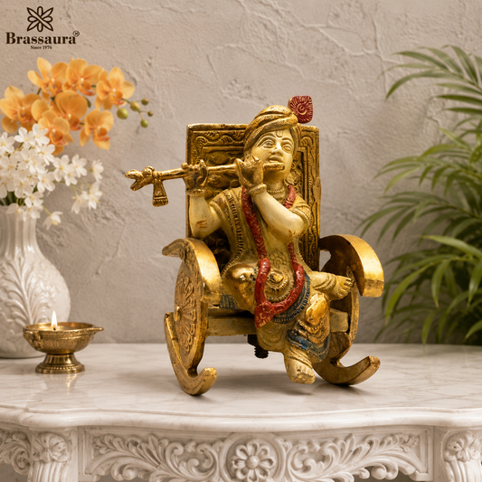 Brassaura® Lord Krishna Standing Idol with White & Gold Patina and Multi-Colored Finish | Pure Superfine Brass Handcrafted Murti | Brass Statue for Home Temple, Pooja Room, Spiritual Décor & Luxury Gifting | Height 6 Inches | Weight 2.1 Kg