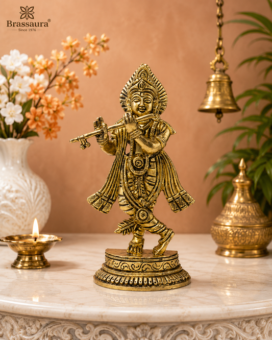 Brassaura® Lord Krishna Playing Flute Idol with Antique Finish | Pure Superfine Brass Handcrafted Murti | Brass Statue for Home Temple, Pooja Room, Spiritual Décor & Luxury Gifting | Height 6.5 Inches | Weight 0.65 Kg