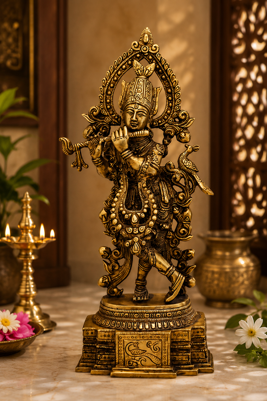 Brassaura® Lord Krishna Playing Flute Idol with Antique Finish | Pure Superfine Brass Handcrafted Murti | Brass Statue for Home Temple, Pooja Room, Spiritual Décor & Luxury Gifting | Height 14 Inches | Weight 2.7 Kg