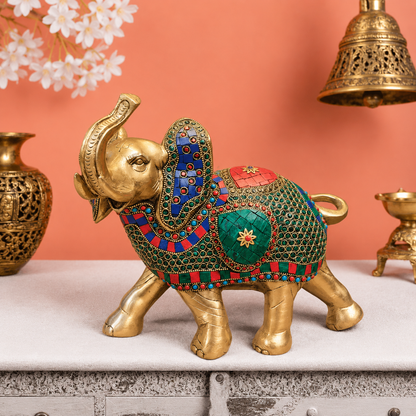 Brassaura® Decorative Brass Elephant with Meenakari Stonework | Symbol of Wisdom & Prosperity | Height 9.5 Inches & Weight 6.8 Kgs