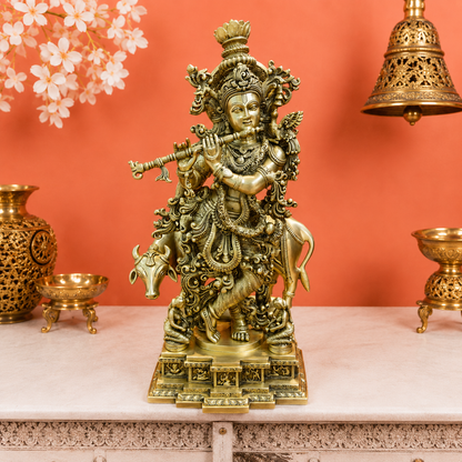Brassaura® Lord Krishna with Cow Brass Statue | Divine Love & Eternal Harmony | Height 28 Inches & Weight 35 Kgs