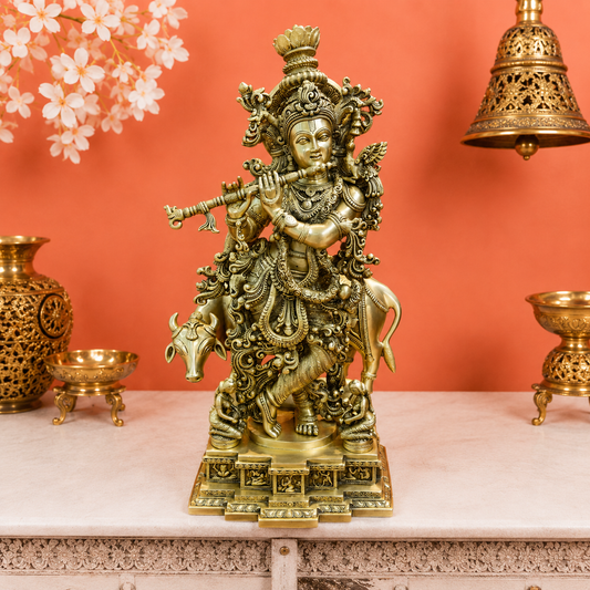 Brassaura® Lord Krishna with Cow Brass Statue | Divine Love & Eternal Harmony | Height 28 Inches & Weight 35 Kgs