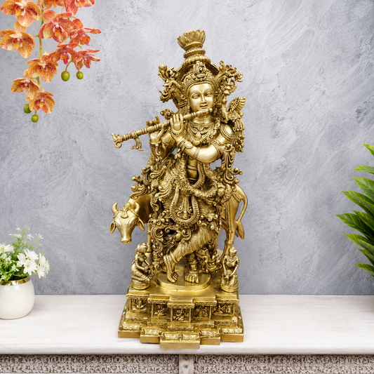 Brassaura® Lord Krishna with Cow Brass Statue | Divine Love & Eternal Harmony | Height 28 Inches & Weight 35 Kgs