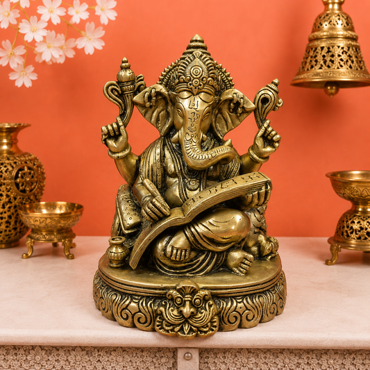Brassaura® Seated Lord Ganesha Brass Statue | Auspicious Remover of Obstacles | Height 8 Inches & Weight 2.8 Kgs