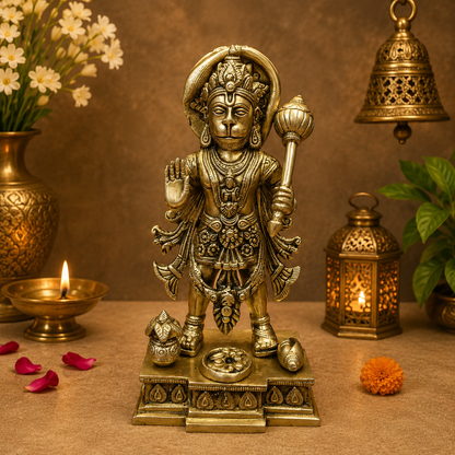 Brassaura® Standing Lord Hanuman Brass Statue | Embodiment of Strength, Devotion & Courage | Height 10 Inches & Weight 2.7 Kgs